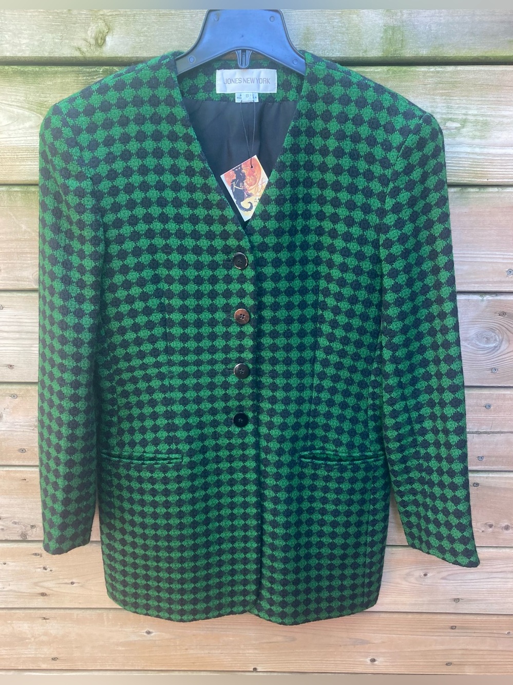 Vintage Early 90s Jones New York Green and Black Harlequin Wool Blazer